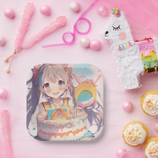  Anime Girl with Whimsical Birthday Paper Plates (Party)