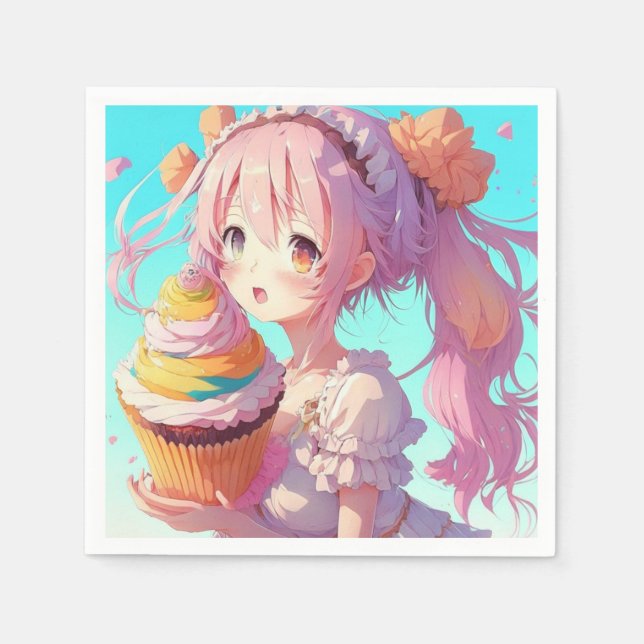  Anime Girl with Whimsical Cupcake Birthday Napkins (Front)