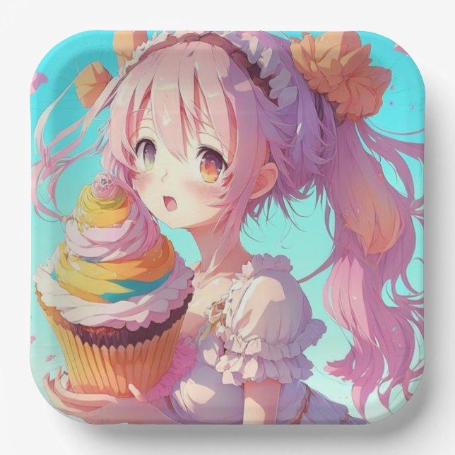  Anime Girl with Whimsical Cupcake Birthday Paper Plates (Front)