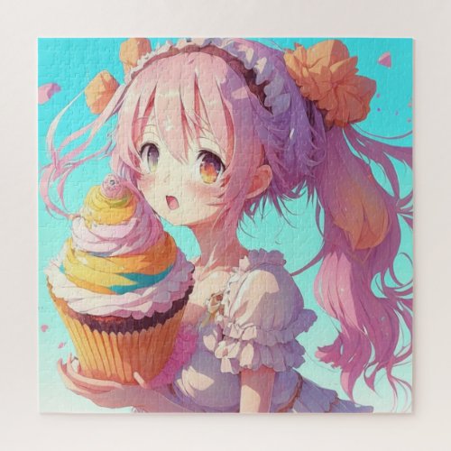 Anime Girl with Whimsical Cupcake Jigsaw Puzzle