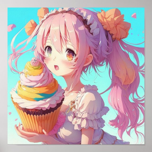 Anime Girl with Whimsical Cupcake Poster (Front)