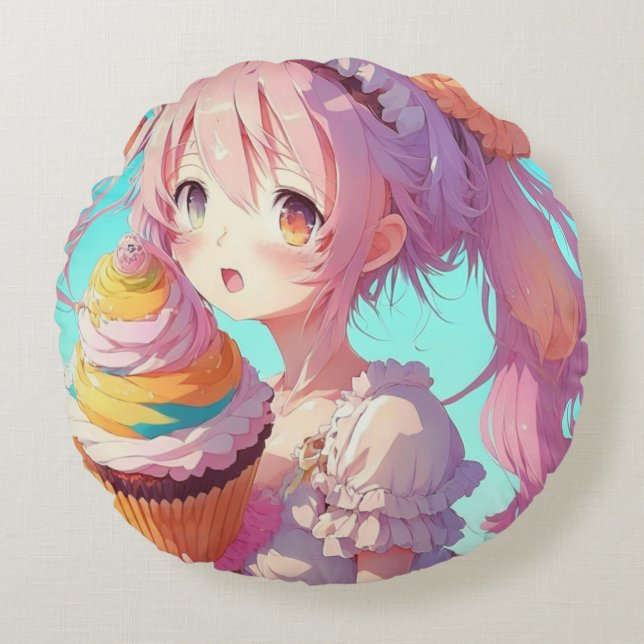 Anime Girl with Whimsical Cupcake Round Pillow (Front)
