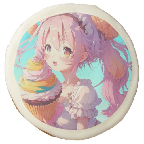 Anime Girl with Whimsical Cupcake Sugar Cookie