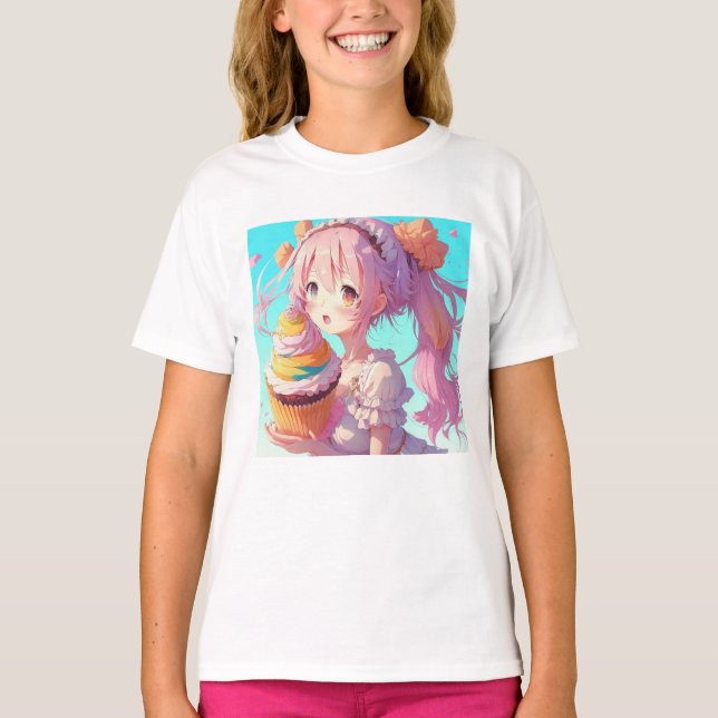 Anime Girl with Whimsical Cupcake T-Shirt (Front)
