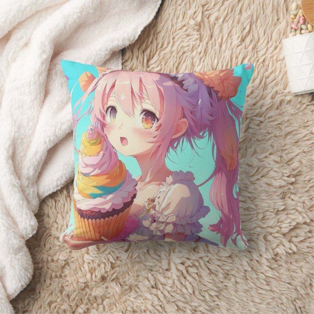 Anime Girl with Whimsical Cupcake Throw Pillow (Blanket)