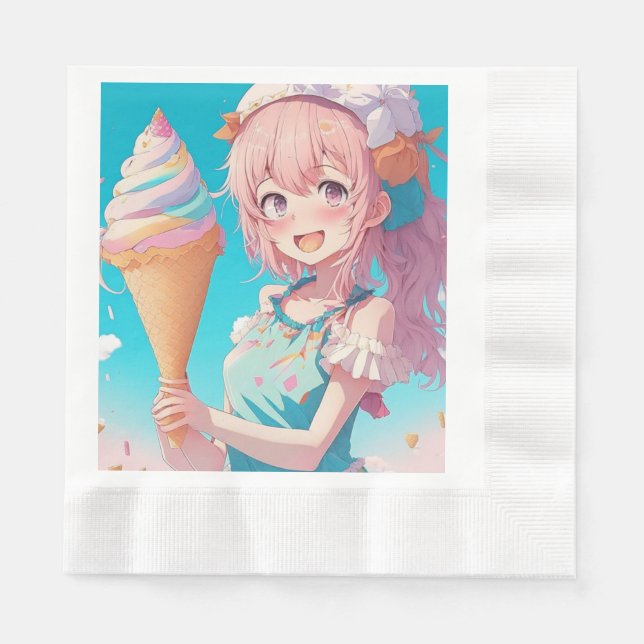  Anime Girl with Whimsical Ice Cream Cone Birthday Napkins (Front)