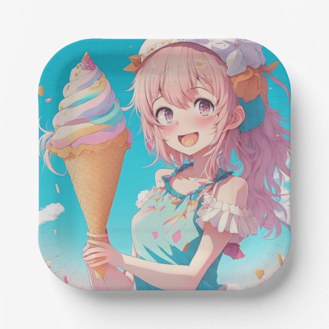  Anime Girl with Whimsical Ice Cream Cone Birthday Paper Plates (Front)