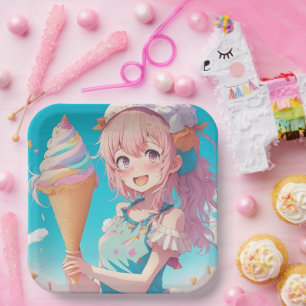 Anime Girl with Whimsical Ice Cream Cone Birthday Paper Plates