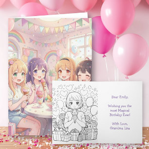 Anime Girl's Birthday Card with Coloring Page