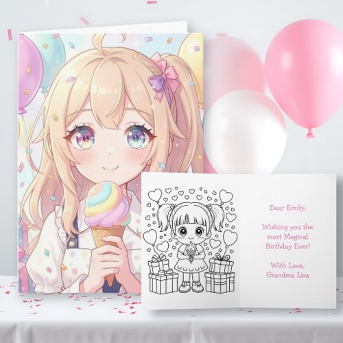 Anime Girl's Birthday Cards with Coloring Page