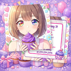 Anime Girl's Birthday Hearts and Cupcakes Invitation
