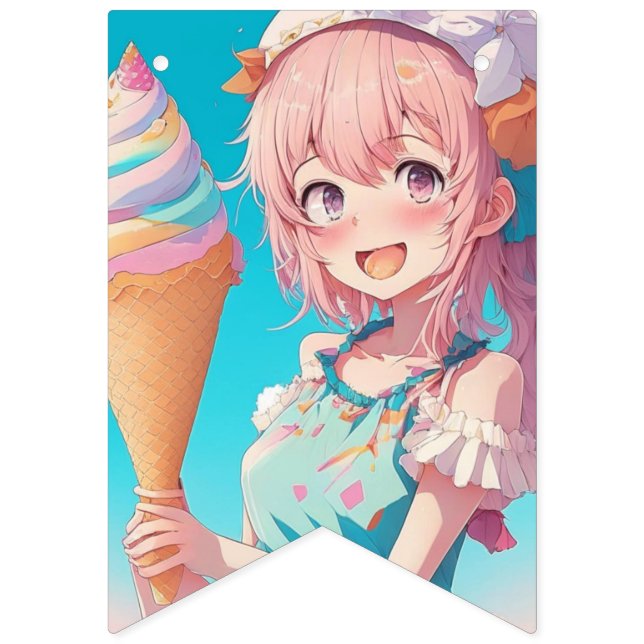 Anime Girls Birthday Pastel Colors Whimsical Bunting Flags (First Flag)