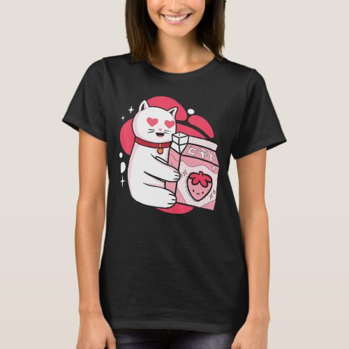 Anime Girls Cat Kawaii Pink Anime Strawberry Milk T_Shirt