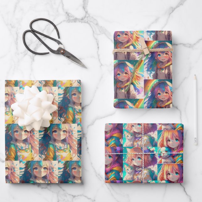 Anime Girls Colorful Birthday Wrapping Paper Sheets (Front)