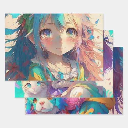 Anime Girls Colorful Birthday Wrapping Paper Sheets