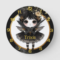 Anime Girls Kawaii Goth Chibi Decor Black Gold Round Clock