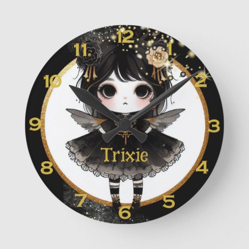 Anime Girls Kawaii Goth Chibi Decor Black Gold Round Clock