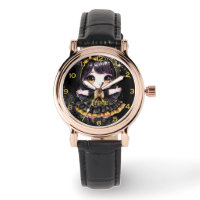 Anime Girls Kawaii Goth Chibi Decor Black Gold Watch