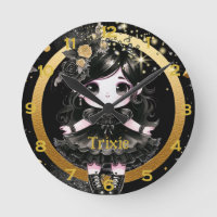 Anime Girls Kawaii Goth Cute Decor Black Gold Round Clock