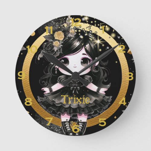 Anime Girls Kawaii Goth Cute Decor Black Gold Round Clock