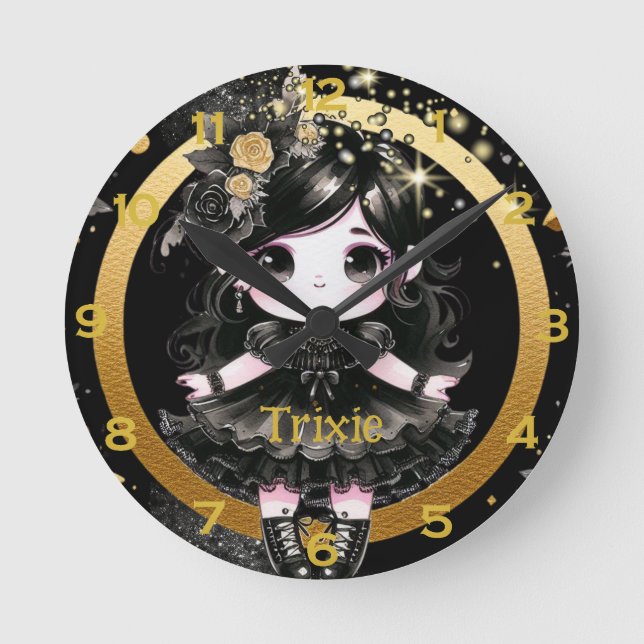 Anime Girls Kawaii Goth Cute Decor Black Gold Round Clock (Front)