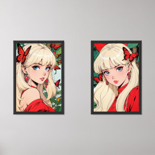 Anime girls with red butterflies Print Set