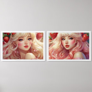 Anime girls with strawberries Print Set
