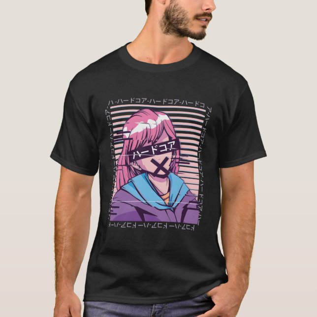 Anime Glitch Japanese Letters L Anime Girl Graphic T-Shirt (Front)