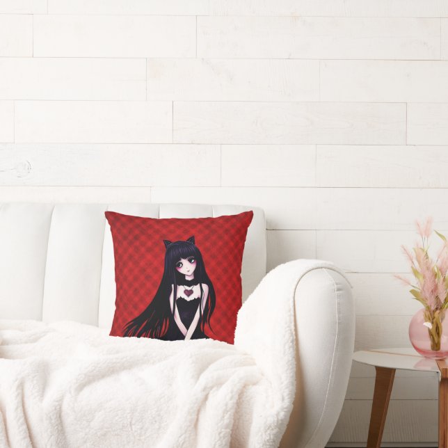 Anime Goth Girl on Red Throw Pillow (Couch)