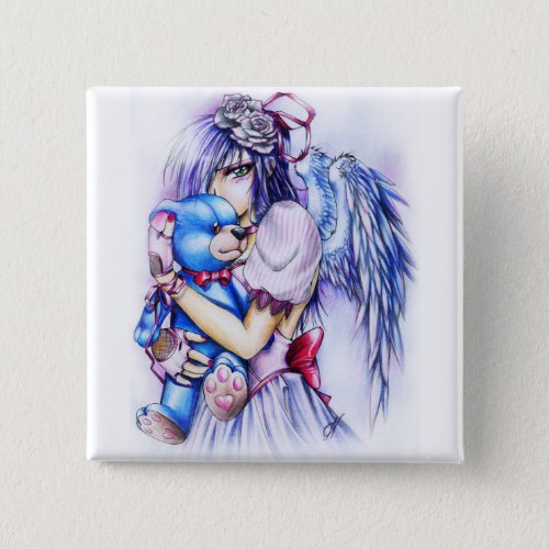 Anime Gothic Pink Angel Girl With Teddy Button