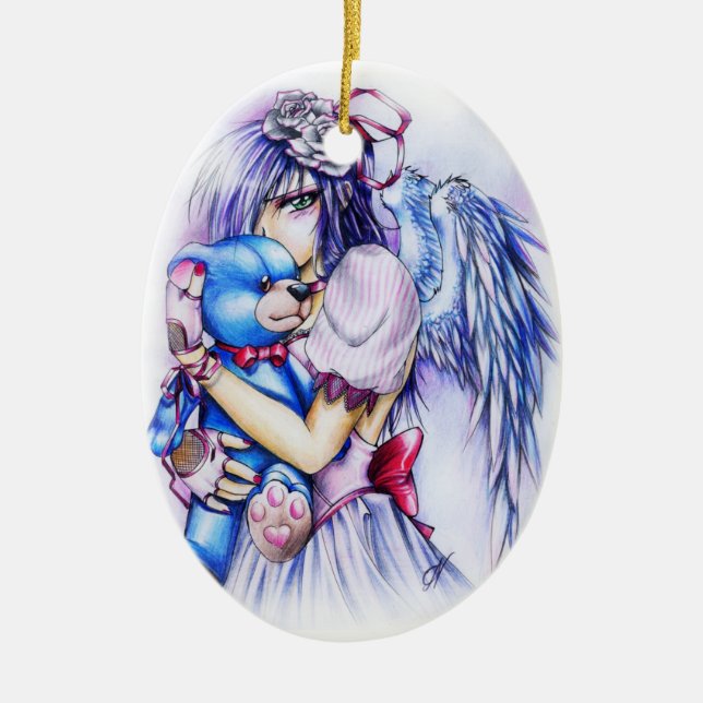 Anime Gothic Pink Angel Girl With Teddy Ceramic Ornament (Front)