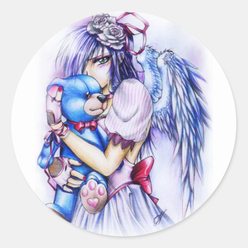 Anime Gothic Pink Angel Girl With Teddy Classic Round Sticker