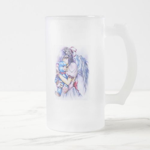 Anime Gothic Pink Angel Girl With Teddy Frosted Glass Beer Mug