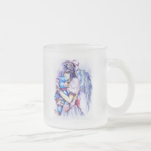 Anime Gothic Pink Angel Girl With Teddy Frosted Glass Coffee Mug