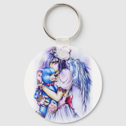 Anime Gothic Pink Angel Girl With Teddy Keychain