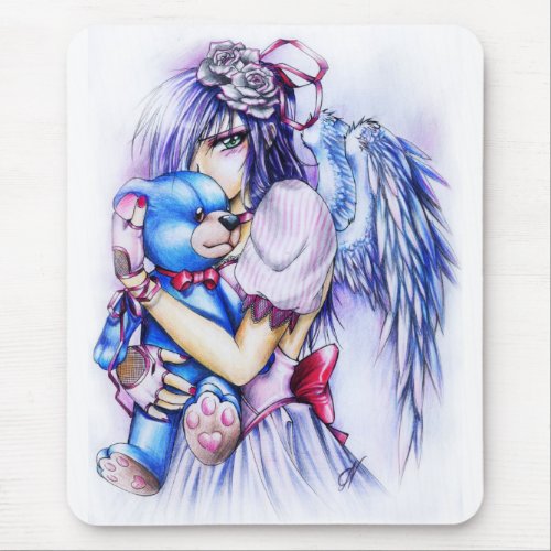 Anime Gothic Pink Angel Girl With Teddy Mouse Pad