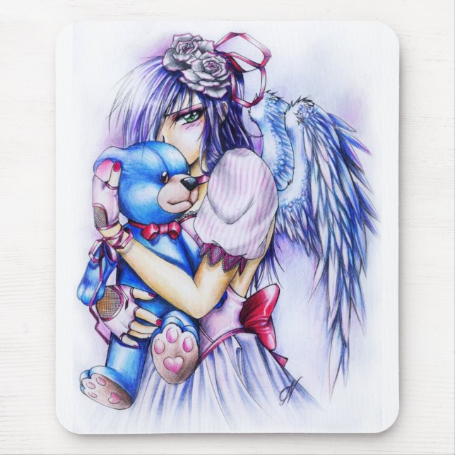 Anime Gothic Pink Angel Girl With Teddy Mouse Pad (Front)