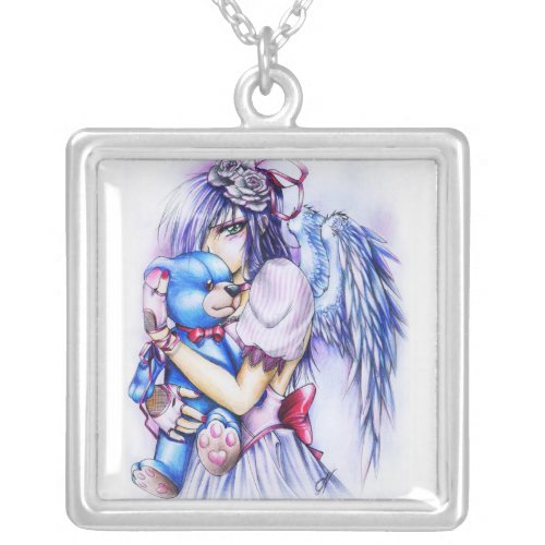 Anime Gothic Pink Angel Girl With Teddy Silver Plated Necklace