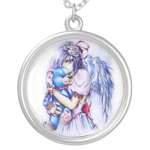 Anime Gothic Pink Angel Girl With Teddy Silver Plated Necklace