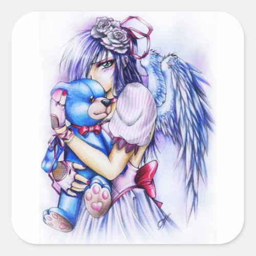 Anime Gothic Pink Angel Girl With Teddy Square Sticker