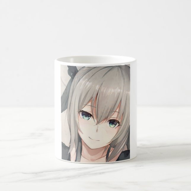 Anime gray-haired girl aqua eyes Coffee Mug (Center)