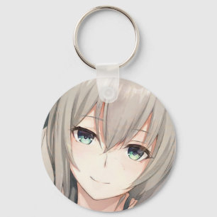Anime gray-haired girl aqua eyes keychain
