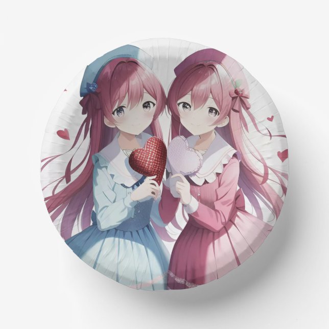 Anime hearts Valentine's Day  Paper Bowls (Front)