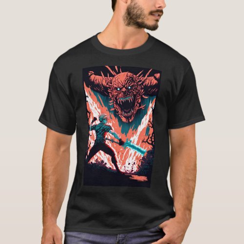 Anime Hero Warrior Knight Fighting Demon Monster T_Shirt