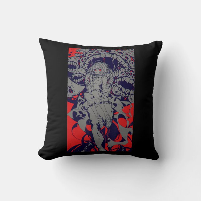 Anime Horror Aesthetic Scary Creepy Girl Japanese  Throw Pillow (Front)