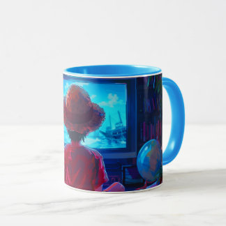 Anime illustration for a mug of a boy watching TV