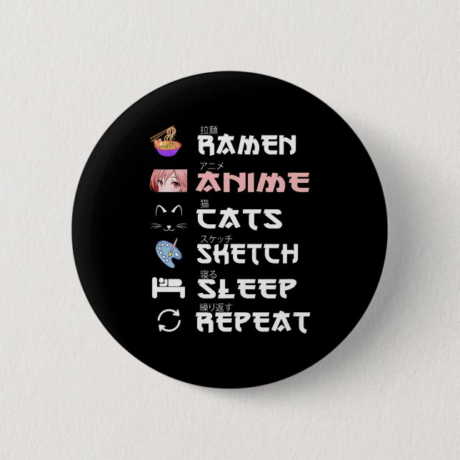 Anime japanese ramen sketching cat Anime Lover Gir Button (Front)