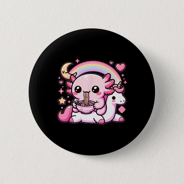 Anime Kawaii Axolotl Eating Ramen Noodles Kids Tee Button (Front)