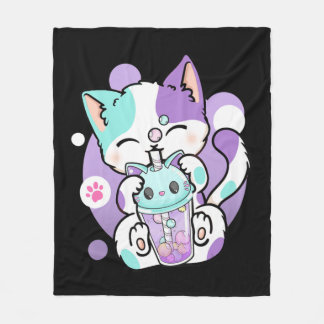 Anime Kawaii Cat Boba Bubble Tea Neko Boba Tea Cat Fleece Blanket