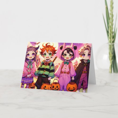 Anime Kids in Costumes Halloween Card